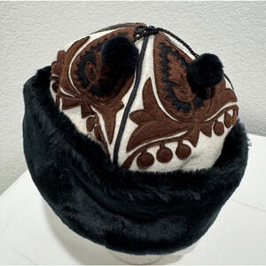 Vtg LANYA By Gay Ellis VT Folk Art Folk Hat Black Brown Embroidered Size M Boho
